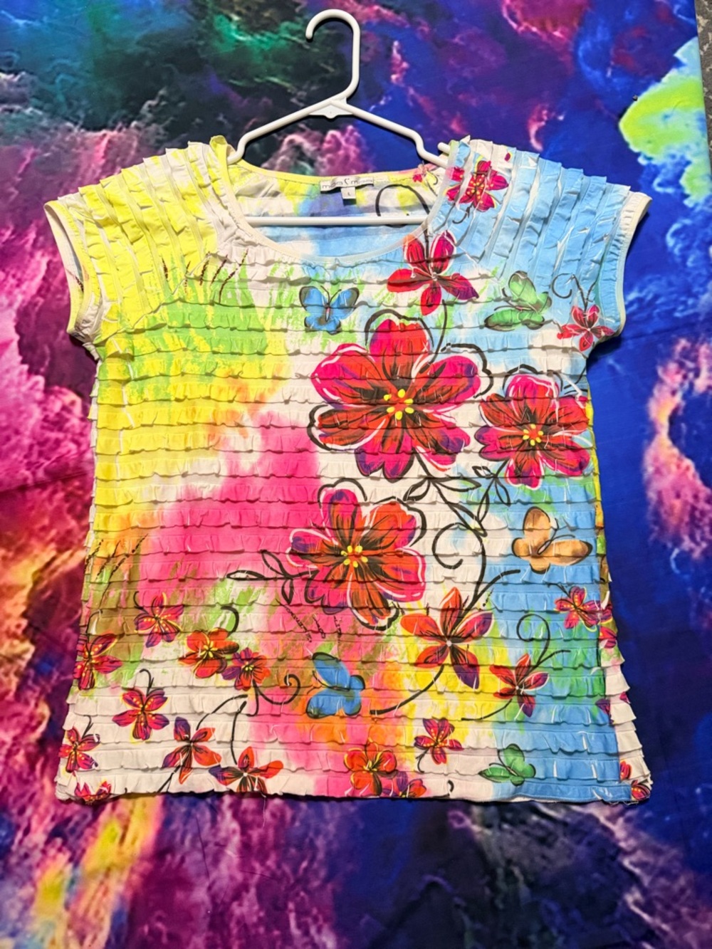 Moa Moa Ruffled Floral Tee - Pink, Yellow, Blue, Green